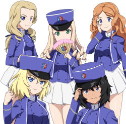 Rule 34 | 5girls, adjusting clothes, adjusting headwear, andou (girls und panzer), bc freedom (emblem), bc freedom military uniform, black hair, black ribbon, blonde hair, blue eyes, blue headwear, blue jacket, blue vest, brown eyes, clenched hand, closed mouth, commentary, dark-skinned female, dark skin, dress shirt, drill hair, emblem, folding fan, girls und panzer, green eyes, hair ribbon, hand fan, hand on own face, hat, head tilt, high collar, holding, holding fan, isabe (girls und panzer), jacket, long hair, long sleeves, looking at viewer, low tied hair, marie (girls und panzer), medium hair, messy hair, military, military hat, military uniform, miniskirt, multiple girls, orange hair, oshida (girls und panzer), pleated skirt, ribbon, shako cap, shirt, simple background, skirt, smile, sofue (girls und panzer), standing, uniform, vest, white background, white shirt, white skirt, yoshida keiji
