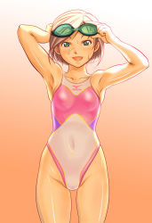 Rule 34 | 1girl, armpits, bad id, bad pixiv id, bob cut, brown hair, competition swimsuit, goggles, goggles on head, green eyes, mizuno (brand), navel, one-piece swimsuit, open mouth, pussy, see-through, shoko (moccom), short hair, smile, solo, standing, swimsuit, uncensored, wet