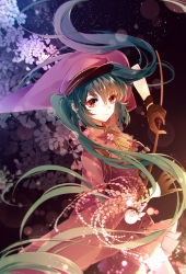 Rule 34 | 1girl, aiguillette, arm up, bad id, bad pixiv id, badge, baocaizi, baton, black gloves, blue hair, cherry blossoms, closed mouth, cowboy shot, glint, gloves, glowing, green hair, hair between eyes, half gloves, hat, hatsune miku, highres, holding, light, light particles, long hair, long sleeves, looking at viewer, medal, military, military uniform, night, night sky, outdoors, peaked cap, petals, pink hat, pink skirt, pleated skirt, red eyes, senbon-zakura (vocaloid), shoulder pads, sidelocks, skirt, sky, solo, star (sky), starry sky, thighhighs, twintails, uniform, very long hair, vocaloid, wide sleeves, wristband, zettai ryouiki