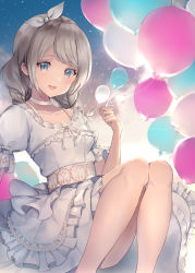 Rule 34 | 1girl, :d, absurdres, balloon, bang dream!, bare legs, blue eyes, braid, choker, cloud, commentary request, dress, frilled dress, frilled sleeves, frills, grey hair, hair ribbon, highres, holding, holding balloon, legs together, long hair, looking at viewer, nogi momoko, open mouth, ribbon, ribbon trim, short sleeves, sitting, smile, solo, twin braids, wakamiya eve, white choker, white dress, white ribbon