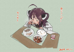 Rule 34 | 1girl, ahoge, blush, bowl, brown hair, chopsticks, closed eyes, closed mouth, dated, eating, food, food request, green background, headgear, holding, holding chopsticks, japanese clothes, kimono, lamb (hitsujiniku), long sleeves, plate, rice, rice bowl, solo, table, touhoku kiritan, translation request, twintails, upper body, voiceroid, white kimono, wide sleeves