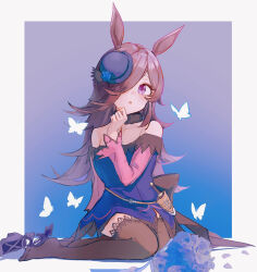 Rule 34 | 1girl, absurdres, animal ears, bare shoulders, blue flower, blue rose, bow, brown hair, bug, butterfly, dress, flower, hair over one eye, hat, hat flower, highres, horse ears, horse girl, horse tail, insect, long hair, long sleeves, looking at viewer, oshinokowa rice, purple eyes, rice shower (umamusume), rose, sitting, solo, tail, tilted headwear, umamusume