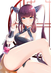 Rule 34 | 1girl, absurdres, artist request, bare shoulders, black dress, blue eyes, blunt bangs, blush, breasts, china dress, chinese clothes, cleavage, crossed legs, detached sleeves, dress, fate/grand order, fate (series), floral print, hair ornament, highres, knee up, large breasts, leaf hair ornament, long hair, looking at viewer, lychee, parted lips, purple hair, side slit, sidelocks, smile, solo, thighs, twintails, very long hair, white background, window, yang guifei (fate), yang guifei (second ascension) (fate)