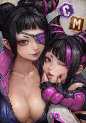 Rule 34 | 2girls, black hair, breasts, collarbone, commentary request, diagonal bangs, dual persona, eyepatch, hair horns, han juri, hand on another&#039;s cheek, hand on another&#039;s face, highres, large breasts, medium hair, miche, multicolored hair, multiple girls, one eye closed, parted lips, pink eyes, pink hair, smile, streaked hair, street fighter, street fighter 6, street fighter v, two-tone hair