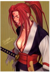 Rule 34 | 1girl, amputee, angry, arc system works, baiken, breasts, cleavage, clenched teeth, covered erect nipples, facial mark, forehead mark, guilty gear, haori, highres, japanese clothes, large breasts, lips, lipstick, long hair, looking at viewer, looking back, makeup, no bra, obi, one-eyed, open clothes, open shirt, ponytail, profile, red eyes, red hair, red lips, samurai, sash, scan, scar, scar across eye, scar on face, scrunchie, sheath, shirt, sidelocks, signature, solo, standing, sword, teeth, torn clothes, tsukasa jun, weapon, wide sleeves