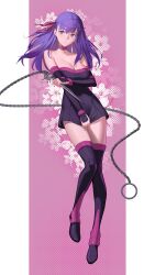 Rule 34 | 1girl, absurdres, bare shoulders, belt collar, boots, breasts, chain, collar, collarbone, commentary, cosplay, dagger, detached sleeves, dress, dress tug, drid, english commentary, fate/stay night, fate (series), floral background, full body, hair between eyes, hair ribbon, highres, holding, holding weapon, knife, large breasts, long hair, long sleeves, looking at viewer, matou sakura, medusa (fate), medusa (rider) (fate), medusa (rider) (fate) (cosplay), pink background, pleated dress, purple eyes, purple hair, red ribbon, ribbon, short dress, simple background, solo, strapless, strapless dress, thigh boots, thighhighs, weapon, zettai ryouiki