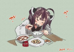 Rule 34 | 1girl, ahoge, blush, bowl, brown hair, chopsticks, closed eyes, commentary request, dated, facing viewer, food, food request, green background, headgear, holding, holding chopsticks, japanese clothes, kimono, lamb (hitsujiniku), long sleeves, open mouth, plate, rice, simple background, sitting, solo, table, touhoku kiritan, translation request, twintails, upper body, voiceroid, white kimono, wide sleeves