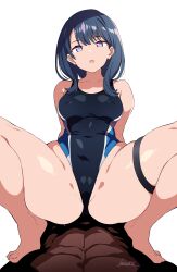 Rule 34 | 1boy, 1girl, abs, absurdres, barefoot, batta 16-sei, black hair, black one-piece swimsuit, blue eyes, collarbone, competition swimsuit, covered erect nipples, covered navel, grey eyes, gridman universe, groin, highleg, highleg swimsuit, highres, long hair, looking at viewer, m legs, multicolored clothes, multicolored swimsuit, one-piece swimsuit, partially visible vulva, pov, simple background, sitting, skindentation, solo focus, spread legs, ssss.gridman, straddling, swimsuit, takarada rikka, thick thighs, thigh strap, thighs, white background, wide hips