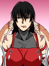 Rule 34 | 1girl, :p, black hair, breasts, brown eyes, collarbone, detached sleeves, large breasts, leotard, lips, m.u.g.e.n, nontraditional miko, original, out of character, samuimu, scar, sendai hakurei no miko, solo, tongue, tongue out, touhou, upper body