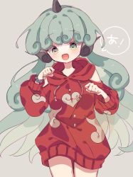 Rule 34 | 1girl, :3, :d, adapted costume, bare shoulders, clothing cutout, cowboy shot, curly hair, green eyes, green hair, grey background, happy, highres, hood, hoodie, horns, komano aunn, long hair, long sleeves, looking at viewer, open mouth, roamu 65, shoulder cutout, simple background, single horn, smile, solo, touhou, very long hair