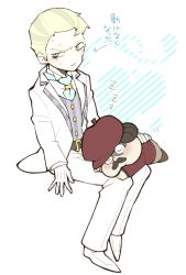 Rule 34 | 2boys, ace attorney, ashley graydon, beret, blonde hair, blue eyes, blush, brown hair, closed mouth, collared shirt, facial hair, formal, full body, gloves, hand on another&#039;s back, hat, jacket, long sleeves, looking away, male focus, minashirazu, multiple boys, necktie, pants, red headwear, red jacket, ringo skulkin, shirt, short hair, simple background, sitting, sleeping, sleeping on person, the great ace attorney, the great ace attorney: adventures, vest, white background, white gloves, white shirt, zzz