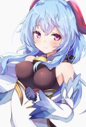 Rule 34 | 1girl, baram, bare shoulders, bell, blue gloves, blue hair, blush, breasts, covered erect nipples, detached sleeves, ganyu (genshin impact), genshin impact, gloves, gold trim, horns, long hair, looking at viewer, medium breasts, neck bell, purple eyes, sidelocks, smile, solo, standing, upper body, white background, white sleeves
