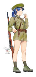 Rule 34 | 1girl, ammunition belt, ammunition pouch, belt, bike shorts, blue eyes, blue hair, bolt action, chinese army, full body, green footwear, green hat, green legwear, gun, hair between eyes, hat, holding, long sleeves, looking at viewer, mauser 98, medium hair, military, military hat, military uniform, open mouth, original, pouch, rifle, side ponytail, simple background, uniform, weapon, whistle, whistle around neck, white background, zhongye yu