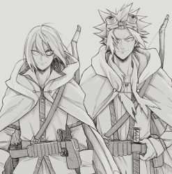 Rule 34 | 2boys, absurdres, akaboshi bisco, belt, belt pouch, bow (weapon), cloak, florbetriz, goggles, goggles on head, greyscale, hair between eyes, hand on belt, highres, hood, hood down, looking at viewer, male focus, monochrome, multiple boys, nekoyanagi milo, pouch, quiver, sabikui bisco, spiked hair, standing, weapon, wind