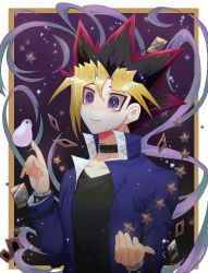 Rule 34 | 1boy, absurdres, black collar, black hair, black shirt, blonde hair, card, cbow, closed mouth, collar, dyed bangs, highres, index finger raised, jacket, long sleeves, male focus, multicolored hair, muto yugi, open clothes, open jacket, purple eyes, school uniform, shirt, smile, solo, spiked hair, star (symbol), t-shirt, yu-gi-oh!