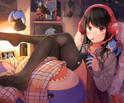 Rule 34 | 1girl, black thighhighs, blue hair, blush, can, clock, closed mouth, commentary request, crossed legs, digital clock, drawstring, energy drink, food, food in mouth, grey jacket, headphones, headset, holding, ikea shark, indoors, jacket, looking at viewer, mole, mole under eye, monster energy, mouth hold, niichi (komorebi-palette), nintendo switch, no shoes, open clothes, open jacket, original, ousaka nanami, pink shirt, plaid, plaid skirt, pocky, red eyes, red skirt, shirt, skirt, soles, solo, stuffed animal, stuffed shark, stuffed toy, thighhighs, twintails