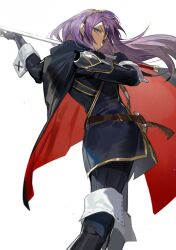 Rule 34 | 1girl, armor, blue eyes, blue hair, bokyo, cape, cowboy shot, falchion (fire emblem), fingerless gloves, fire emblem, fire emblem awakening, gloves, highres, holding, holding sword, holding weapon, long hair, looking at viewer, looking back, lucina (fire emblem), nintendo, serious, simple background, solo, sword, tiara, two-tone cape, weapon, white background