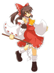 Rule 34 | 1girl, brown hair, detached sleeves, female focus, full body, hakurei reimu, harukatron, japanese clothes, long hair, miko, red eyes, simple background, solo, touhou, white background