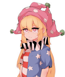 Rule 34 | 1girl, american flag dress, bad id, bad pixiv id, blonde hair, bright pupils, clownpiece, hair between eyes, hat, highres, jester cap, long hair, neck ruff, pink eyes, pink hat, polka dot, short sleeves, simple background, solo, soya6479, star (symbol), star print, striped, sweatdrop, thick eyebrows, touhou, upper body, very long hair, white background