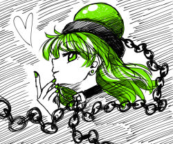 Rule 34 | 1girl, alternate eye color, alternate hair color, black choker, chain, choker, commentary request, earrings, from side, green eyes, green hair, green nails, green theme, hand up, heart, hecatia lapislazuli, highres, jewelry, long hair, looking at viewer, monochrome, nail polish, nokisakifuurin, profile, smile, solo, stud earrings, touhou, white background