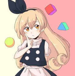 Rule 34 | 1girl, :&lt;, absurdres, apron, artist request, bad id, bad twitter id, black hairband, black ribbon, black skirt, black vest, blouse, blush, buttons, cube, curly hair, ellen (touhou), eyebrows, geometry, hairband, hand on own chin, highres, long hair, orb, pink background, prism, puffy short sleeves, puffy sleeves, ribbon, shirt, short sleeves, simple background, skirt, stroking own chin, thinking, touhou, touhou (pc-98), two-tone background, vest, white background, white shirt, yellow background, yellow eyes