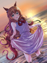 Rule 34 | 1girl, animal ears, aqua eyes, artist name, bare shoulders, blush, breasts, brown hair, clothes lift, commentary, dress, dress lift, highres, horse ears, horse girl, horse tail, lifted by self, long hair, maruzensky (umamusume), medium breasts, ocean, open mouth, outdoors, partially submerged, red sweater, saca110, sleeveless, sleeveless dress, smile, solo, sunset, sweater, sweater around neck, tail, umamusume, very long hair, water, white dress