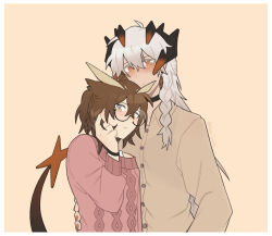 Rule 34 | 2girls, alternate hairstyle, arkiwi, arknights, artist name, black choker, blush, braid, brown eyes, brown hair, brown shirt, choker, closed mouth, collared shirt, commentary, dragon girl, dragon horns, dragon tail, english commentary, feather hair, glasses, hand in own hair, hand on another&#039;s waist, highres, horns, long hair, long sleeves, looking at viewer, medium hair, multiple girls, orange eyes, pink sweater, saria (arknights), semi-rimless eyewear, shirt, silence (arknights), simple background, single braid, sweater, tail, under-rim eyewear, white hair, yellow background, yuri
