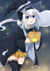 Rule 34 | 1girl, absurdres, alternate costume, black bow, black bowtie, black hairband, black jacket, black thighhighs, blue eyes, blush, bob cut, bow, bowtie, buckle, commentary request, daru (kumakumadon), fang, flat chest, hairband, halloween, halloween costume, hat, hat bow, hat ribbon, highres, hitodama, jack-o&#039;-lantern, jacket, konpaku youmu, konpaku youmu (ghost), light particles, looking at viewer, microskirt, open mouth, ribbon, shiny skin, short hair, sidelocks, silver hair, skirt, solo, standing, thigh strap, thighhighs, thighs, touhou, upper body, white ribbon, wide sleeves, witch hat, yellow skirt