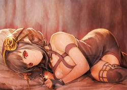Rule 34 | 1girl, bare shoulders, black footwear, black hair, black thighhighs, breasts, cleavage, dagger, dress, fingerless gloves, gloves, gold headband, golden rose, holding, holding weapon, knife, large breasts, looking at viewer, lying, on side, red eyes, shiny skin, short dress, sidelocks, smile, solo, spikes, spy x family, stiletto (weapon), thigh gap, thighhighs, thighs, usapenpen2019, weapon, yor briar