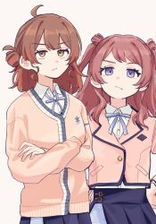 2girls :/ ahoge blazer blue_eyes blue_ribbon blue_skirt blue_trim brown_eyes brown_hair cardigan collared_shirt cowboy_shot cropped_jacket crossed_arms double-parted_bangs dress_shirt emblem gakuen_idolmaster hair_bun hanami_saki hanami_ume hands_on_own_hips hatsuboshi_gakuen_school_uniform highres idolmaster jacket long_hair long_sleeves looking_at_viewer loose_neck_ribbon medium_hair multiple_girls neck_ribbon pink_cardigan pink_jacket pleated_skirt ribbon school_uniform shirt siblings sidelocks simple_background single_side_bun sisters skirt two_side_up white_background white_shirt yasuzero