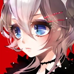 Rule 34 | 1girl, bad id, bad pixiv id, black choker, blue eyes, choker, closed mouth, copyright request, grey hair, hair between eyes, hair ornament, hairclip, looking away, lowres, mamaloni, multicolored hair, portrait, short sleeves, show by rock!!, slit pupils, solo