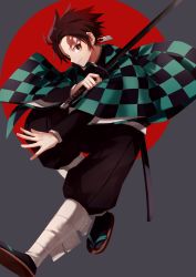 Rule 34 | 1boy, brown hair, checkered haori, earrings, from side, haori, highres, holding, holding sword, holding weapon, japanese clothes, jewelry, kamado tanjirou, kimetsu no yaiba, looking at viewer, male focus, scar on face, scar on forehead, solo, sword, takechu, unsheathed, weapon