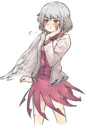 Rule 34 | 1girl, blush, bow, braid, brooch, collarbone, cropped legs, dress, ears, feathered wings, french braid, ginnkei, hand on own cheek, hand on own face, hand up, highres, jacket, jewelry, kishin sagume, legs, long sleeves, looking to the side, nose, one-hour drawing challenge, open clothes, open jacket, pout, puff of air, purple dress, red bow, red eyes, short hair, silver hair, simple background, single wing, solo, standing, touhou, white background, wings