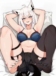 Rule 34 | 1girl, :d, ahoge, animal ear fluff, animal ears, arms up, bare arms, barefoot, bed sheet, black shorts, blue bra, blue eyes, blush, bra, braid, breasts, cameltoe, ear piercing, fox ears, fox tail, glasses, highres, hololive, large breasts, looking at viewer, lying, nail polish, navel, no shoes, on back, on bed, open mouth, piercing, pillow, shirakami fubuki, short shorts, shorts, single braid, single thighhigh, smile, solo, tail, thighhighs, toenail polish, toenails, underwear, varniskarnis, virtual youtuber, white hair
