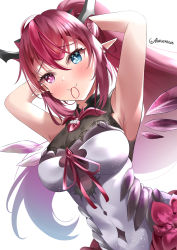 Rule 34 | + +, 1girl, :3, absurdres, armpits, arms up, bare shoulders, blue eyes, blush, breasts, brooch, closed mouth, detached wings, dress, flower, gloves, unworn gloves, hair between eyes, hair tie, heterochromia, highres, hololive, hololive english, horns, irys (hololive), irys (irys 1.0) (hololive), jewelry, lace trim, large breasts, long bangs, long hair, looking ahead, mouth hold, pointy ears, ponytail, purple eyes, purple hair, ribbon, rokusketch, shirt, sidelocks, simple background, sleeveless, sleeveless shirt, smile, tight clothes, tight dress, twitter username, tying hair, very long hair, virtual youtuber, white background, wings