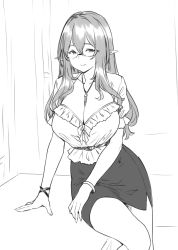 Rule 34 | 1girl, arm support, belt, between breasts, breasts, brown haired glasses elf (houtengeki), cleavage, commentary request, elf, glasses, greyscale, hair between eyes, houtengeki, jewelry, large breasts, long hair, looking at viewer, mature female, monochrome, necklace, original, pencil skirt, pointy ears, short sleeves, sitting, skirt, smile, solo