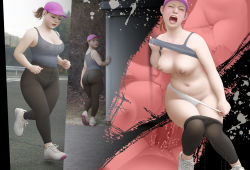 Rule 34 | 1girl, ass, black leggings, breast sucking, breasts, brown hair, cleavage, clothes lift, clothes pull, covered erect nipples, closed eyes, female ejaculation, from behind, hat, large breasts, leggings, looking back, munio (omorashi-ladies), munio world, navel, nipples, no bra, open mouth, original, outdoors, panties, pants, pants pull, panty pull, photo background, plump, ponytail, pussy, pussy juice, road, running, see-through, shirt lift, shoes, sneakers, solo, tank top, underwear, white panties, yoga pants