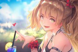 Rule 34 | 1girl, :d, arm strap, bad id, bad pixiv id, bare shoulders, blonde hair, blue sky, blunt bangs, blurry, blurry background, cup, day, depth of field, drink, drinking glass, drinking straw, earrings, fang, food, from side, fruit, hair ornament, hair scrunchie, heart, idolmaster, idolmaster cinderella girls, jewelry, jougasaki rika, lemon, lemon slice, long hair, looking at viewer, looking to the side, necklace, open mouth, pendant, red scrunchie, rorona s., scrunchie, sky, sleeveless, smile, solo, stud earrings, two side up, upper body, wrist scrunchie