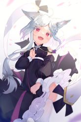 Rule 34 | 1girl, :d, ahoge, animal ear fluff, animal ears, black dress, blush, braid, breasts, commentary, detached sleeves, dress, fang, frilled dress, frills, from below, highres, index finger raised, long hair, long sleeves, looking at viewer, mishuo (misuo69421), open mouth, original, puffy long sleeves, puffy sleeves, red eyes, short eyebrows, silver hair, skin fang, smile, solo, symbol-only commentary, thick eyebrows, thighhighs, white thighhighs