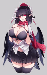 Rule 34 | 1girl, black bow, black bra, black hair, black skirt, black thighhighs, bow, bow bra, bra, breasts, collarbone, collared shirt, feathered wings, grey background, hair between eyes, hands up, hat, highres, large breasts, looking at viewer, miniskirt, navel, open clothes, open mouth, open shirt, pointy ears, pom pom (clothes), puffy short sleeves, puffy sleeves, raptor7, red eyes, red hat, red scarf, scarf, shameimaru aya, shirt, short hair, short sleeves, simple background, skirt, smile, solo, standing, thighhighs, tokin hat, touhou, underwear, white shirt, wings, wristband