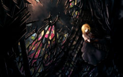 Rule 34 | 1girl, alice margatroid, archlich, bad deviantart id, bad id, blonde hair, dark, female focus, from above, indoors, sky, solo, stained glass, touhou, wallpaper