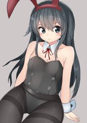Rule 34 | 10s, 1girl, adapted costume, animal ears, asashio (kancolle), bare shoulders, belt, black eyes, black hair, black pantyhose, blue eyes, blush, bow, bowtie, breasts, cleavage, detached collar, fake animal ears, grey background, hidaka0503, highres, kantai collection, leotard, long hair, neck ribbon, pantyhose, playboy bunny, rabbit ears, rabbit tail, red ribbon, ribbon, simple background, sitting, small breasts, solo, sweatdrop, tail, wrist cuffs
