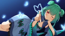 Rule 34 | 1girl, 7fuji 06, blue background, blush, breasts, bug, butterfly, butterfly in eye, cleavage cutout, clothing cutout, detached sleeves, double bun, dress, glowing butterfly, green hair, hair bun, hair ornament, hair ribbon, hand on own cheek, hand on own face, head rest, highres, hololive, insect, long hair, long sleeves, looking at viewer, lying, on side, pointing, pointing at viewer, red eyes, ribbon, sidelocks, skull brooch, skull hair ornament, small breasts, solo, uruha rushia, uruha rushia (1st costume), virtual youtuber, wide sleeves, drawing on fourth wall