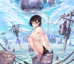 Rule 34 | 1girl, bad id, bad pixiv id, bare legs, bare shoulders, black-framed eyewear, black shorts, blush, broken pillar, brown hair, cityscape, cloud, cloudy sky, day, dystopia, earrings, fantasy, from side, full body, glasses, hand on own chin, holding, holding umbrella, jewelry, knees up, looking at viewer, looking to the side, off-shoulder shirt, off shoulder, original, outdoors, parted lips, pink footwear, power lines, red eyes, round eyewear, shirt, short hair, short shorts, shorts, sitting, sky, smile, socks, solo, suigetsu (hjs1106), transparent, transparent umbrella, umbrella, utility pole, water, white shirt, white socks