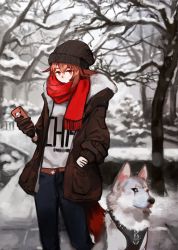 Rule 34 | 1girl, absurdres, arknights, bare tree, beanie, black hat, blue pants, blurry, brown gloves, brown jacket, cameo, cellphone, chinese commentary, crownslayer (arknights), depth of field, dog, feet out of frame, gloves, hand in pocket, hat, highres, holding, holding phone, jacket, looking at viewer, orange eyes, orange hair, outdoors, pants, phone, red scarf, scar, scar on arm, scarf, short hair, snow, solo, sticker, tail, talulah (arknights), tree, winter, wolf tail, zxny