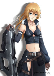 Rule 34 | 1girl, bad id, bad nicoseiga id, bare shoulders, belt pouch, blonde hair, blue eyes, breasts, cleavage, collarbone, crop top, detached sleeves, fur trim, gloves, highres, jpeg artifacts, long hair, looking at viewer, midriff, navel, original, pouch, shadow, simple background, solo, weapon, yankata