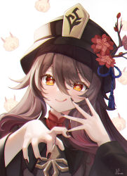 Rule 34 | 1girl, :d, black headwear, black nails, brown hair, flower, genshin impact, highres, hilichurl (genshin impact), horns, hu tao (genshin impact), long hair, long sleeves, looking at viewer, mask, nail polish, open mouth, plum blossoms, prana (prana12), red eyes, smile, solo, star-shaped pupils, star (symbol), symbol-shaped pupils, twintails