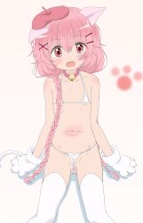 Rule 34 | 1girl, animal ears, animal hands, beret, bikini, blush, braid, breasts, brown background, cat ears, cat girl, cat tail, comic girls, commentary request, fang, gloves, gradient background, groin, hair between eyes, hair ornament, hairclip, hat, head tilt, highres, long hair, looking at viewer, low twintails, micro bikini, moeta kaoruko, navel, open mouth, paw gloves, pink hair, red eyes, red hat, shadow, sincos, sitting, small breasts, solo, swimsuit, tail, thighhighs, tilted headwear, twin braids, twintails, very long hair, white background, white bikini, white gloves, white thighhighs, x hair ornament