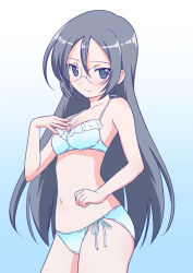 Rule 34 | 1girl, alternate hair length, alternate hairstyle, ankoku no ojisan, bikini, blue background, breasts, cleavage, closed mouth, commentary, cowboy shot, frilled bikini, frills, girls und panzer, glass, gradient background, hand on own chest, long hair, looking at viewer, navel, rimless eyewear, round eyewear, rumi (girls und panzer), side-tie bikini bottom, small breasts, smile, solo, standing, swimsuit, white bikini