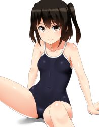 Rule 34 | 1girl, 30-06, breasts, brown eyes, brown hair, competition school swimsuit, highres, kantai collection, one-piece swimsuit, school swimsuit, sendai (kancolle), short hair, sitting, small breasts, smile, solo, swimsuit, two side up, white background